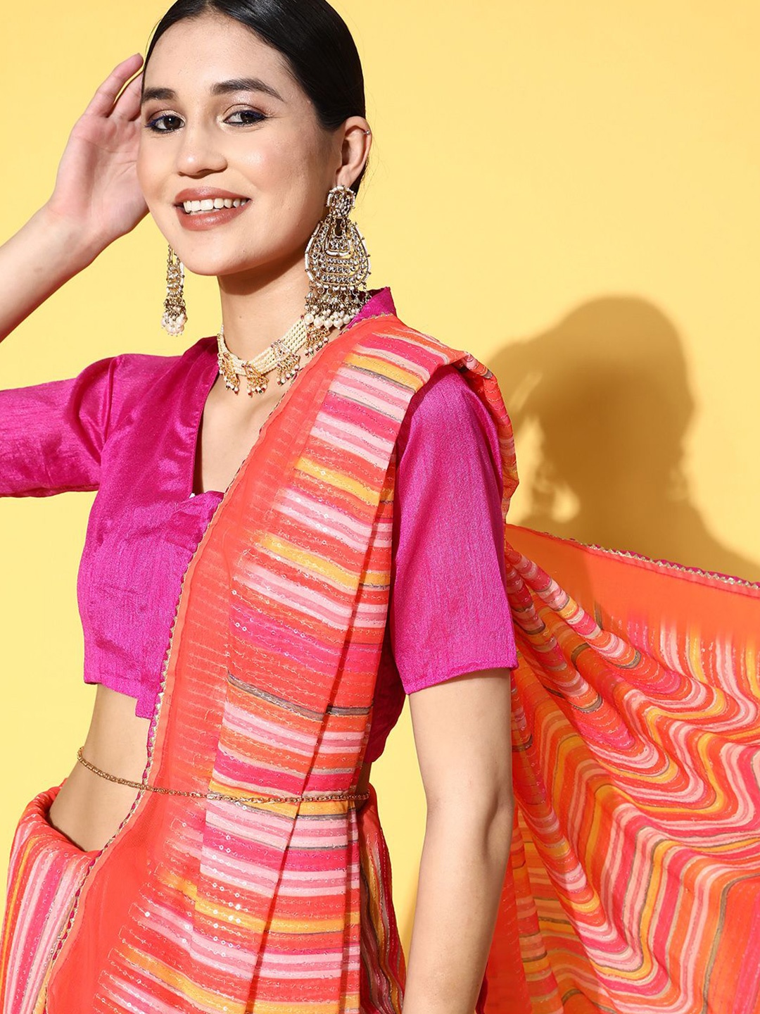 

Ishin Striped Embroidered Saree, Orange