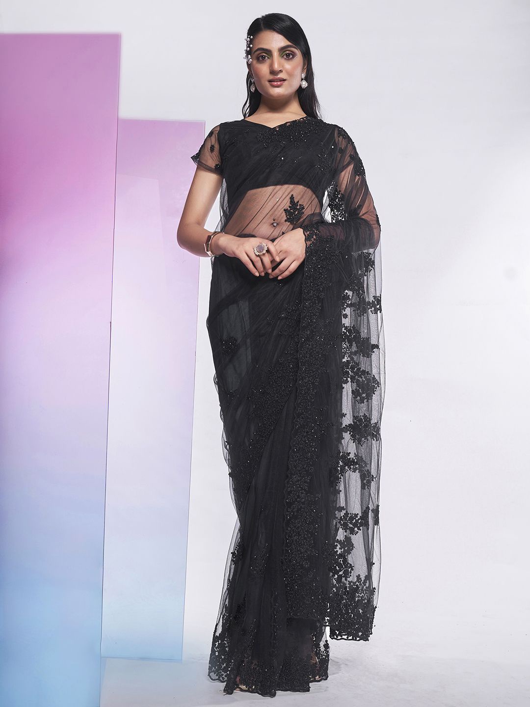

Ishin Ethnic Motifs Embroidered Net Saree, Black