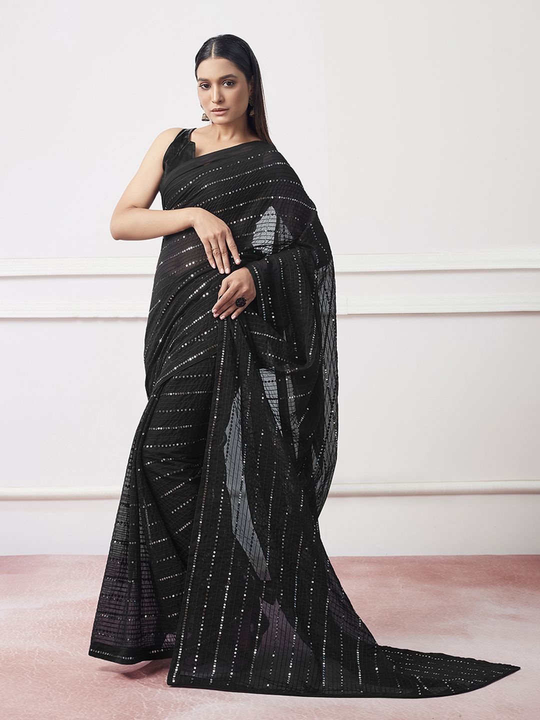 

Ishin Striped Sequinned Saree, Black