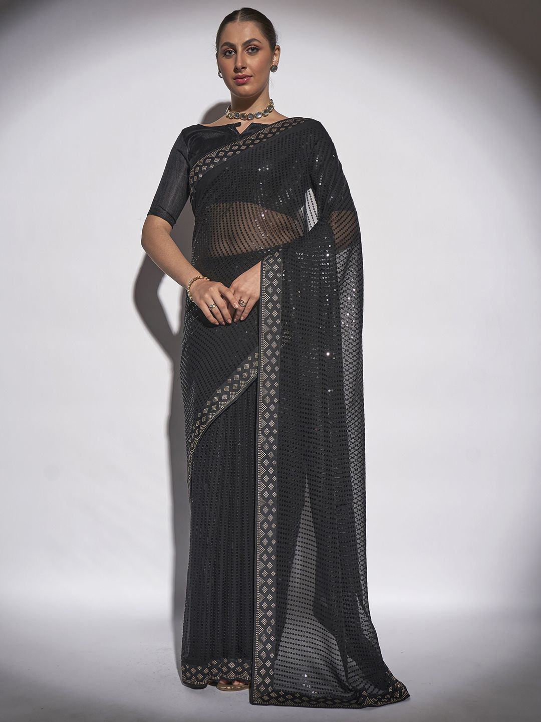 

Ishin Striped Beads and Stones Embroidered Saree, Black