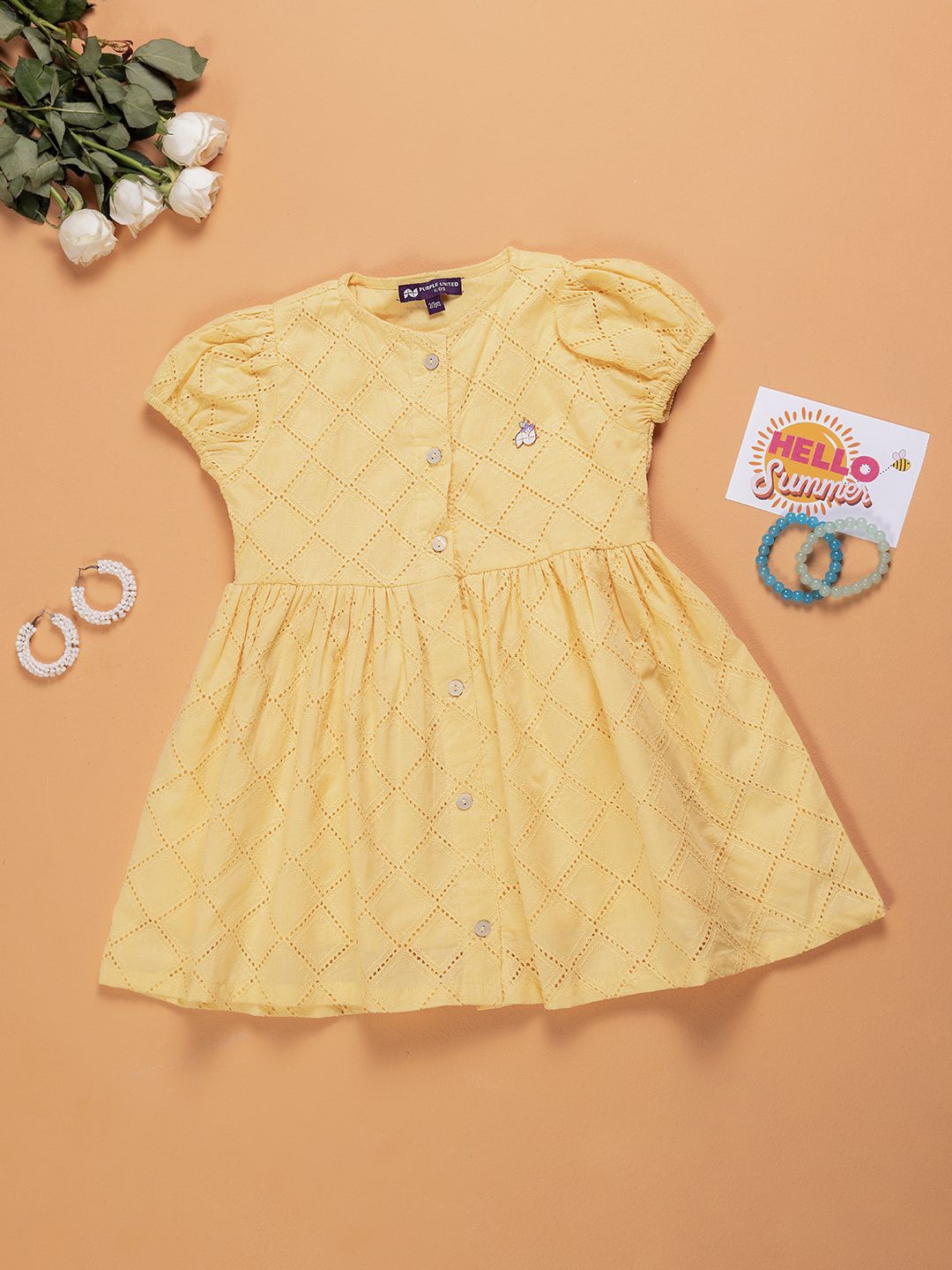 

Purple United Kids Girls Puff Sleeves Cotton Schiffli Fit & Flare Dress, Yellow