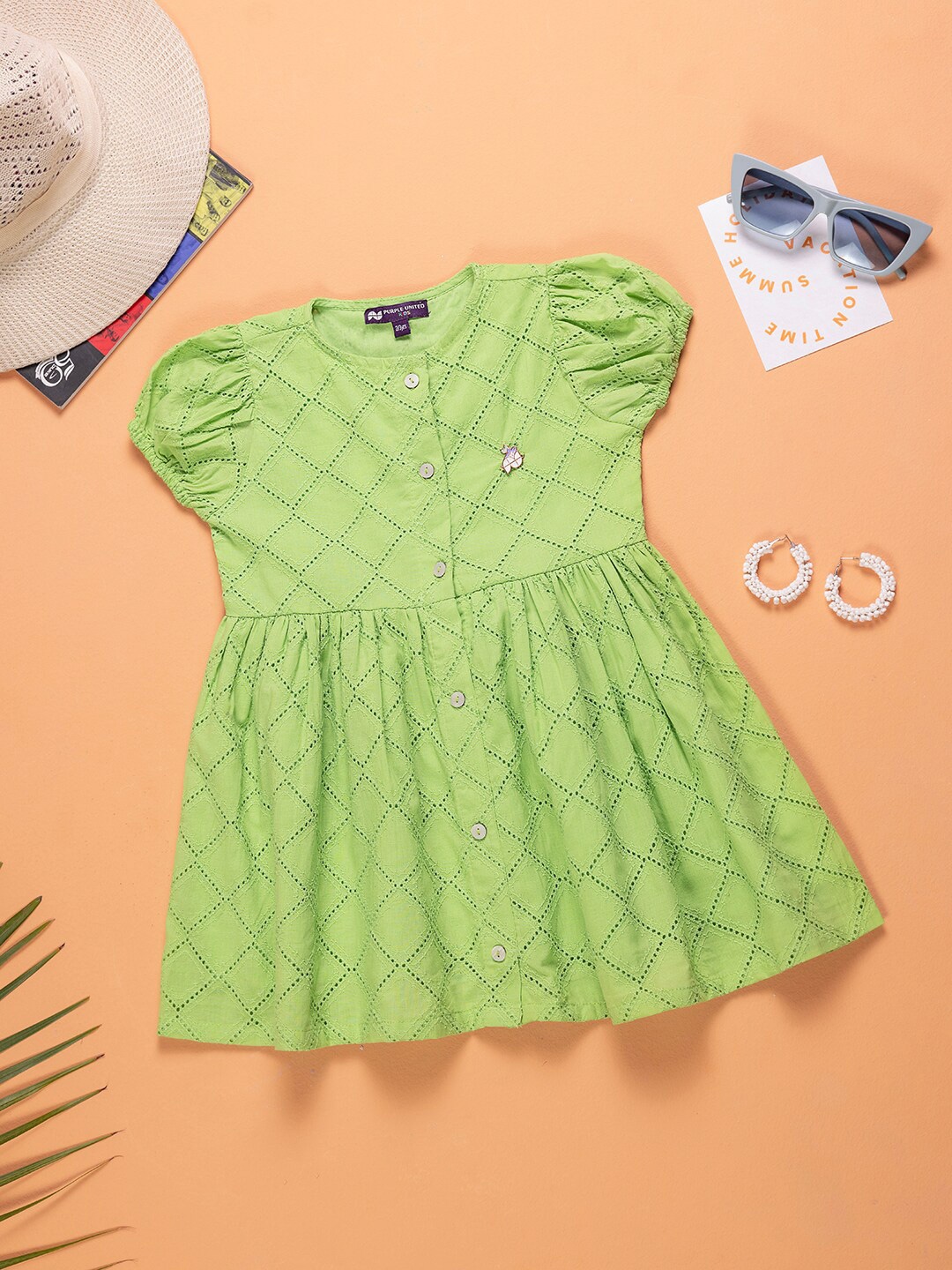 

Purple United Kids Girls Schiffli Puff Sleeves Cotton Fit & Flare Dress, Green