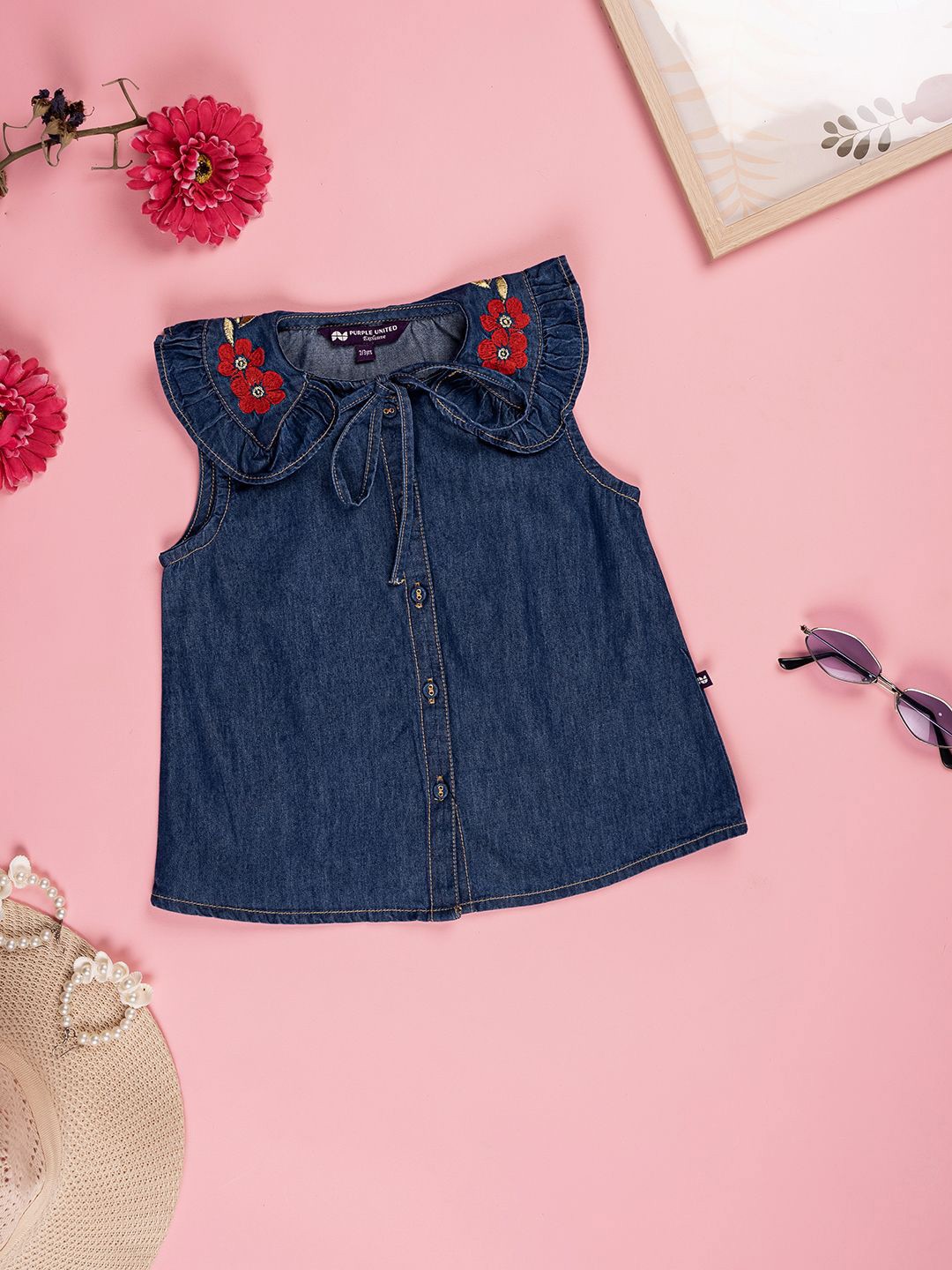 

Purple United Kids Girls Cotton Peter Pan Collar Denim Top, Blue