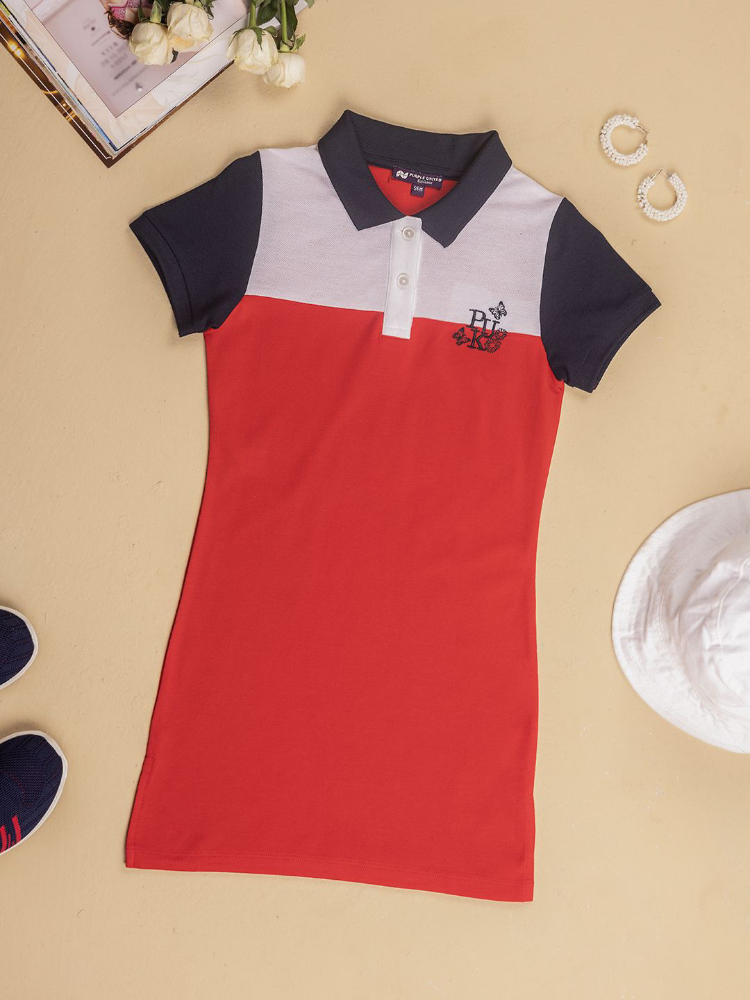 

Purple United Kids Girls Colourblocked Polo Collar Cotton T-shirt Dress, Red