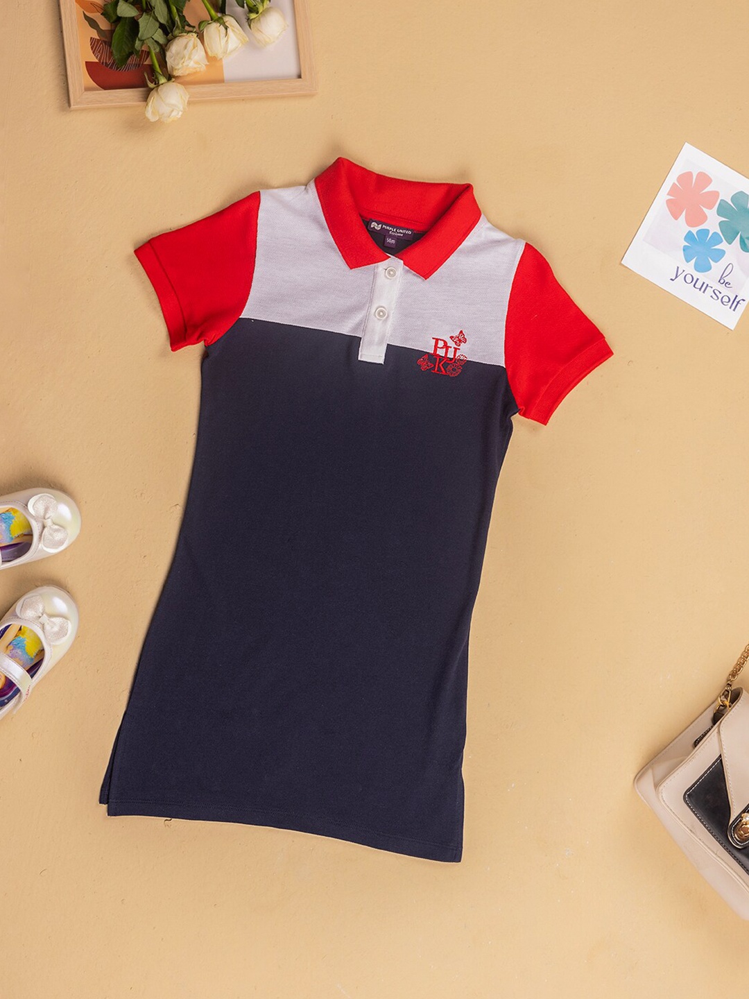 

Purple United Kids Girls Colourblocked Polo Collar Cotton T-shirt Dress, Navy blue