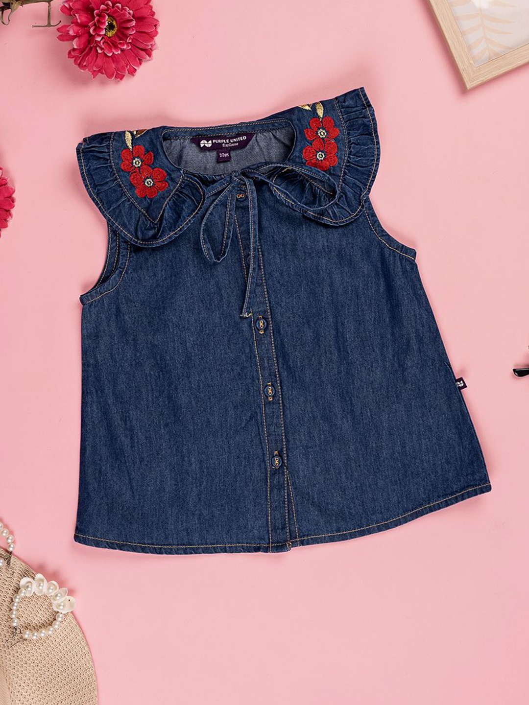

Purple United Kids Girls Cotton Peter Pan Collar Denim Top, Blue