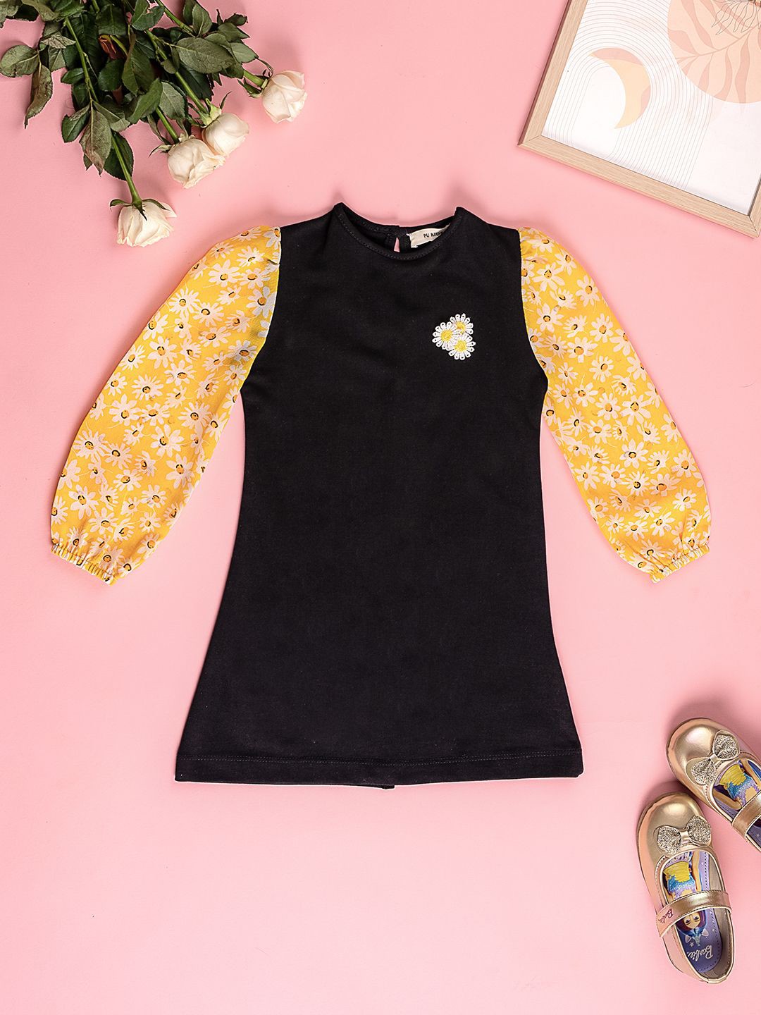 

Purple United Kids Girls Puff Sleeves Cotton A-Line Dress, Black