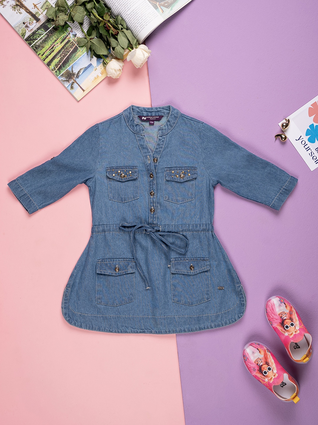 

Purple United Kids Girls Mandarin Collar Cotton Denim Shirt Dress, Blue