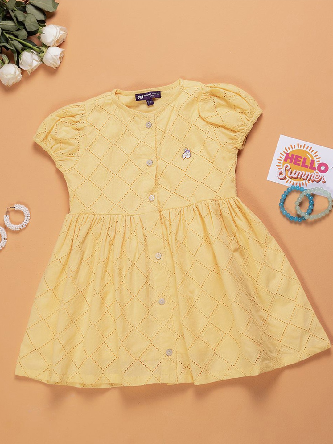 

Purple United Kids Girls Schiffli Puff Sleeves Cotton Fit & Flare Dress, Yellow