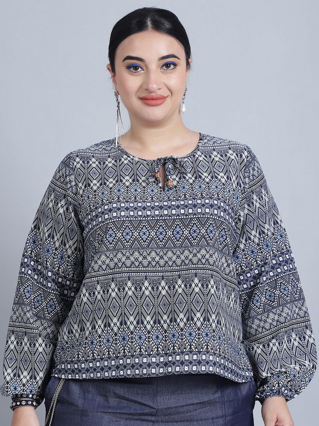 

Baawri Ethnic Printed Round Neck Top, Blue