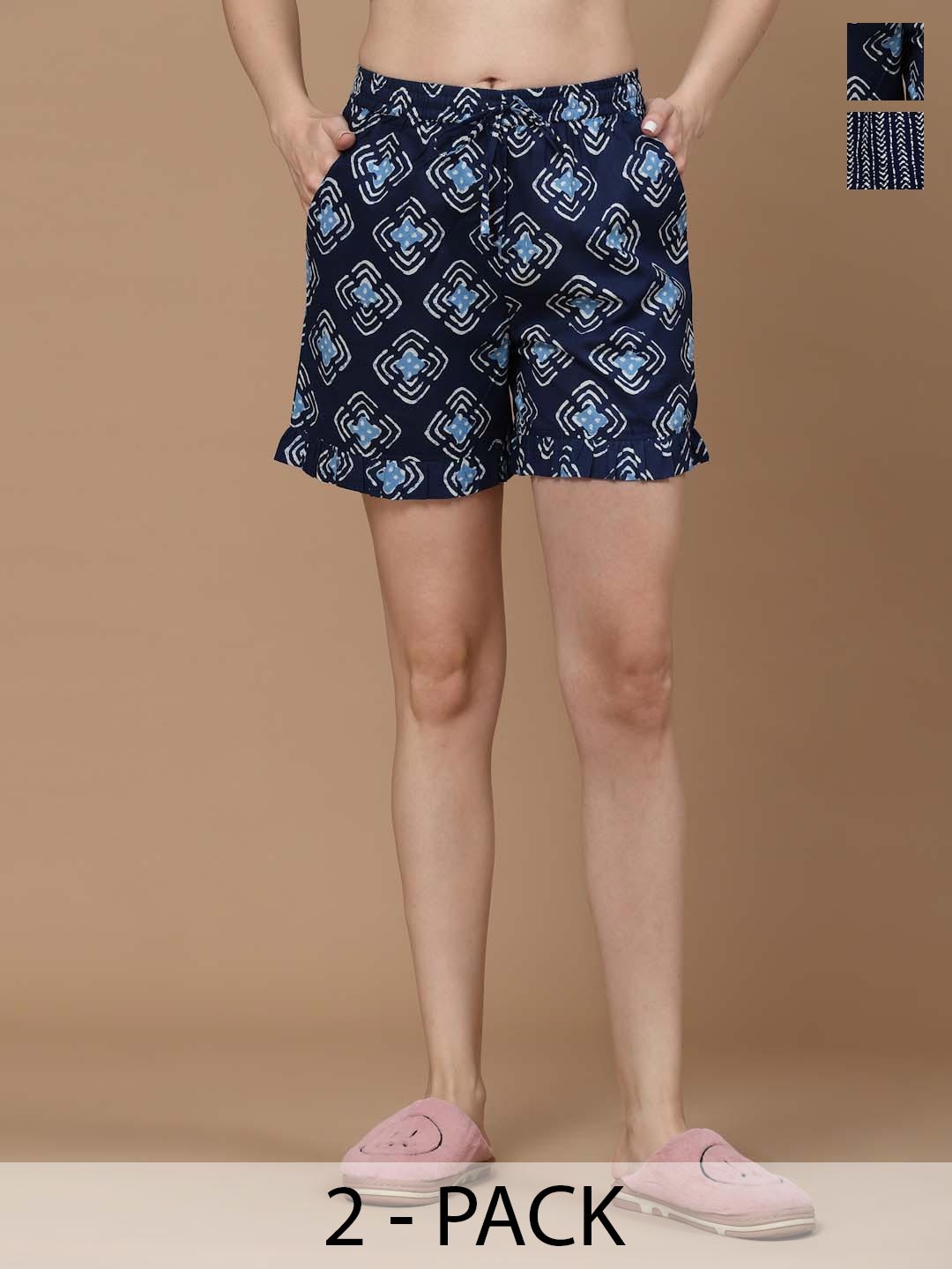 

MBeautiful Women 2 Printed Lounge Shorts, Navy blue
