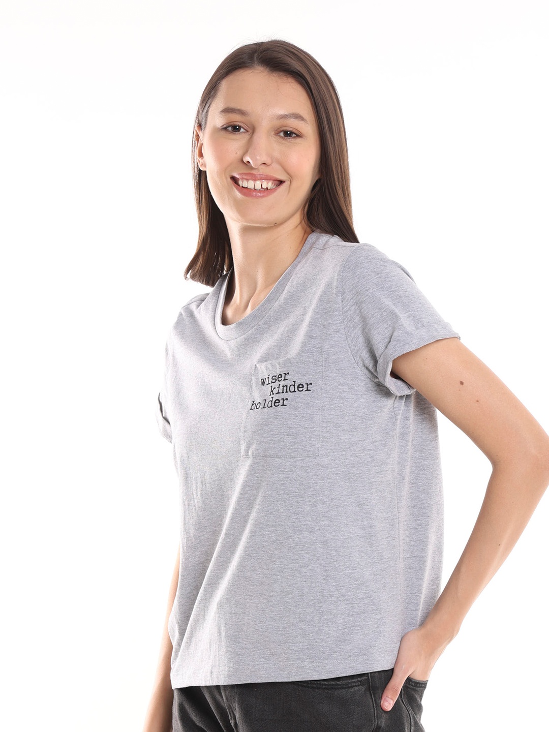 

Gazillion Women New Basics Round Neck Boxy Cotton T-shirt, Grey melange