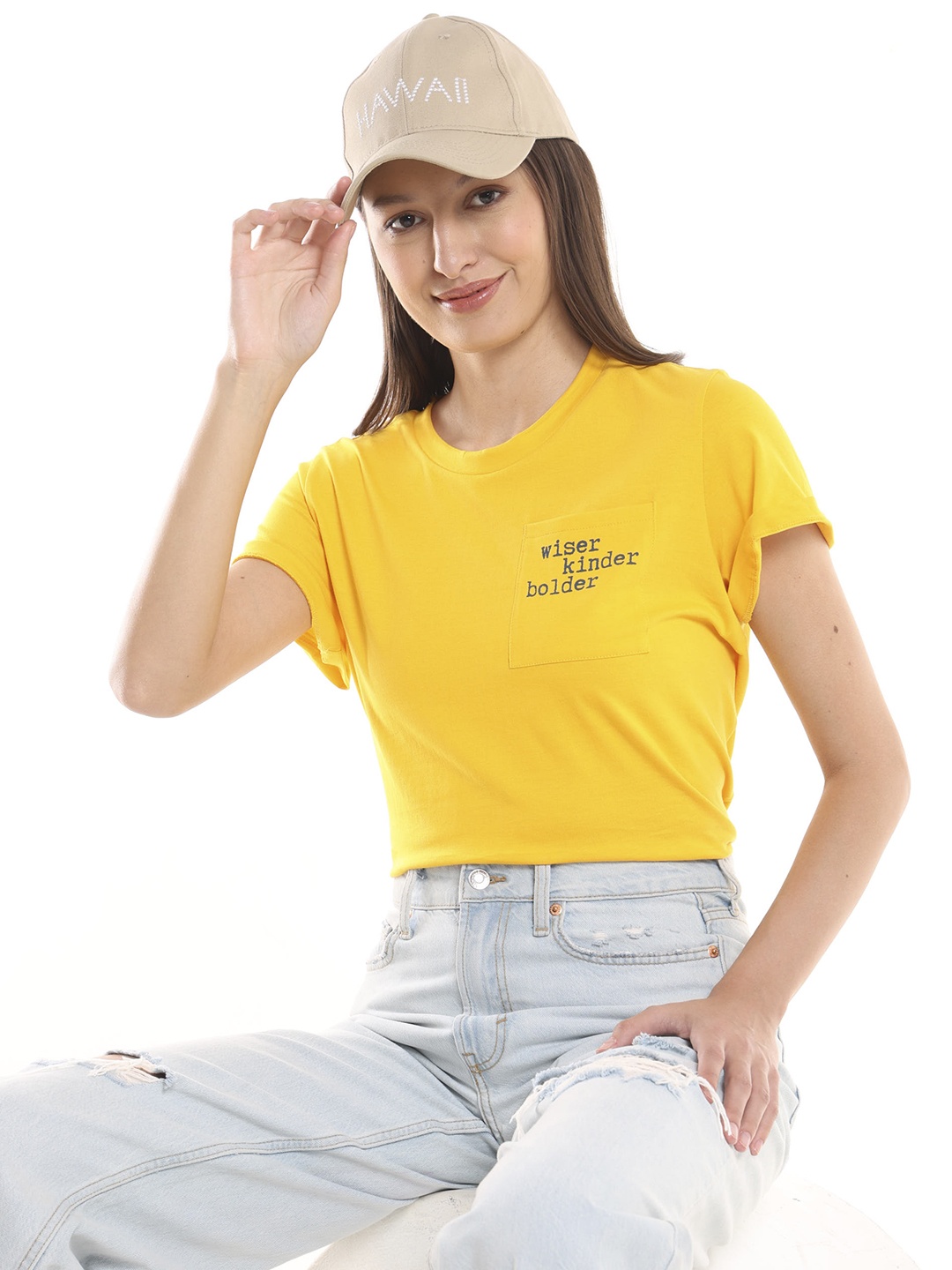 

Gazillion Women New Basics Round Neck Boxy Cotton T-shirt, Yellow