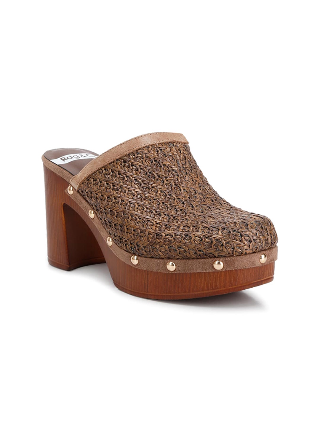 

RAG & CO Woven Design Round Toe Block Mules Heels, Brown