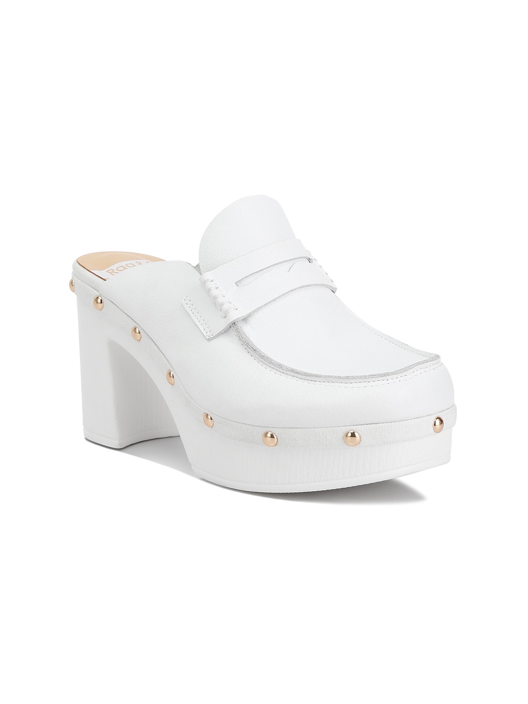 

RAG & CO Embellished Round Toe Suede Block Heeled Pumps, White