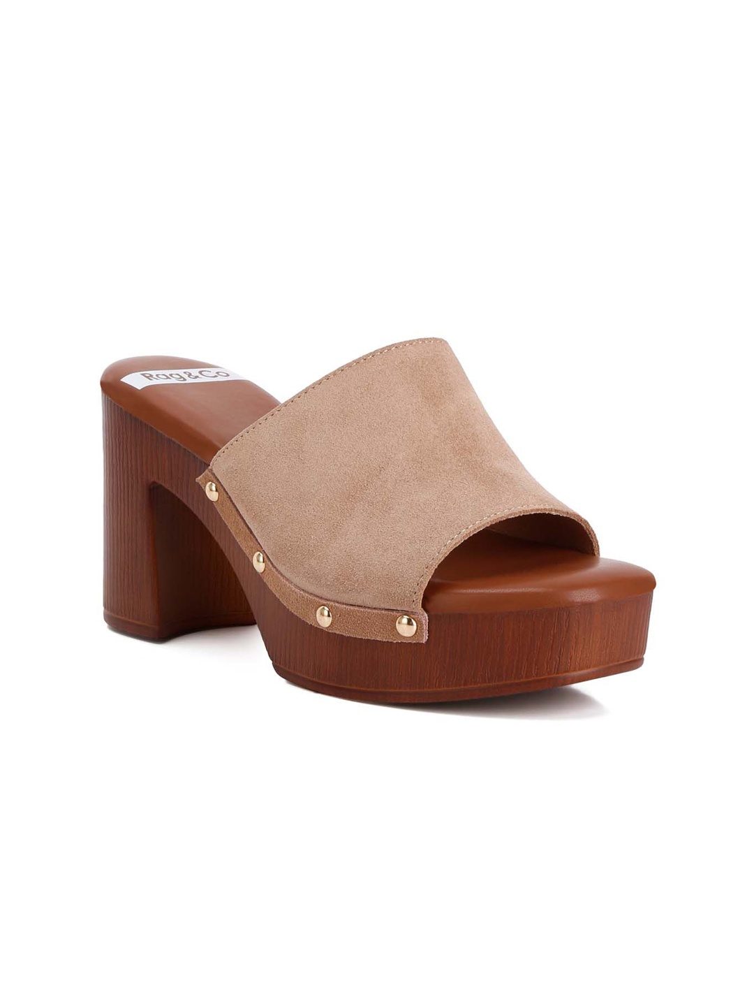 

RAG & CO Open Toe Suede Block Heeled Mules, Tan