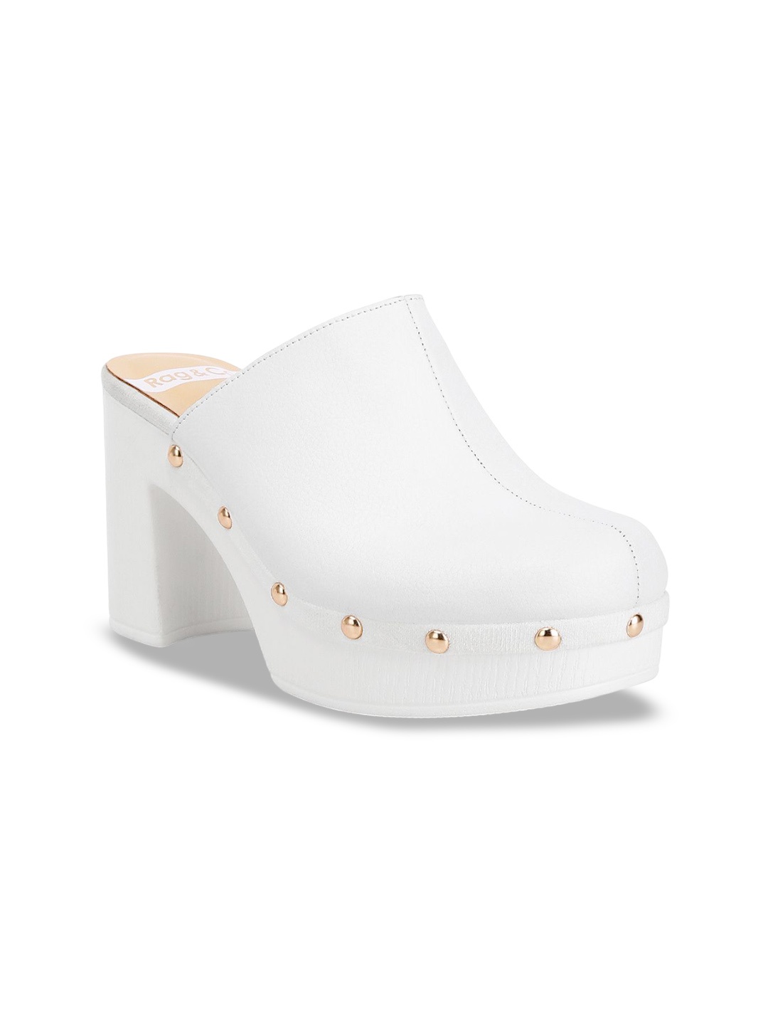 

RAG & CO Round Toe Block Mules Heels, White