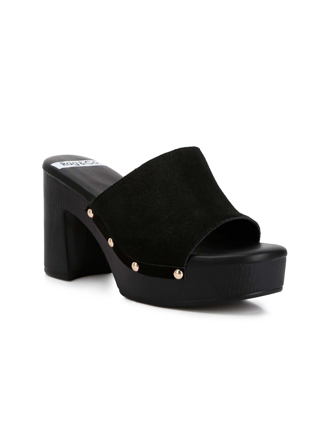 

RAG & CO Open Toe Suede Block Heeled Mules, Black