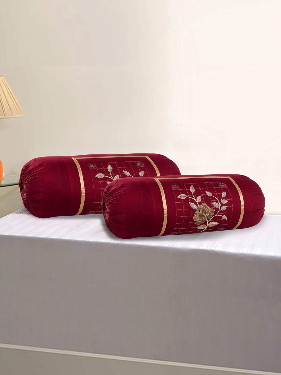 

hargunz Maroon 2 Pieces Floral Embroidered Bolster Covers