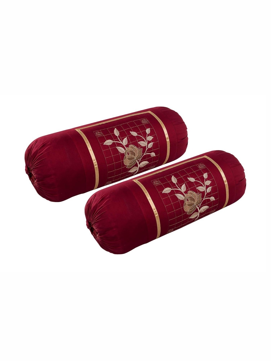 

hargunz Maroon 2 Pieces Floral Embroidered Bolster Covers