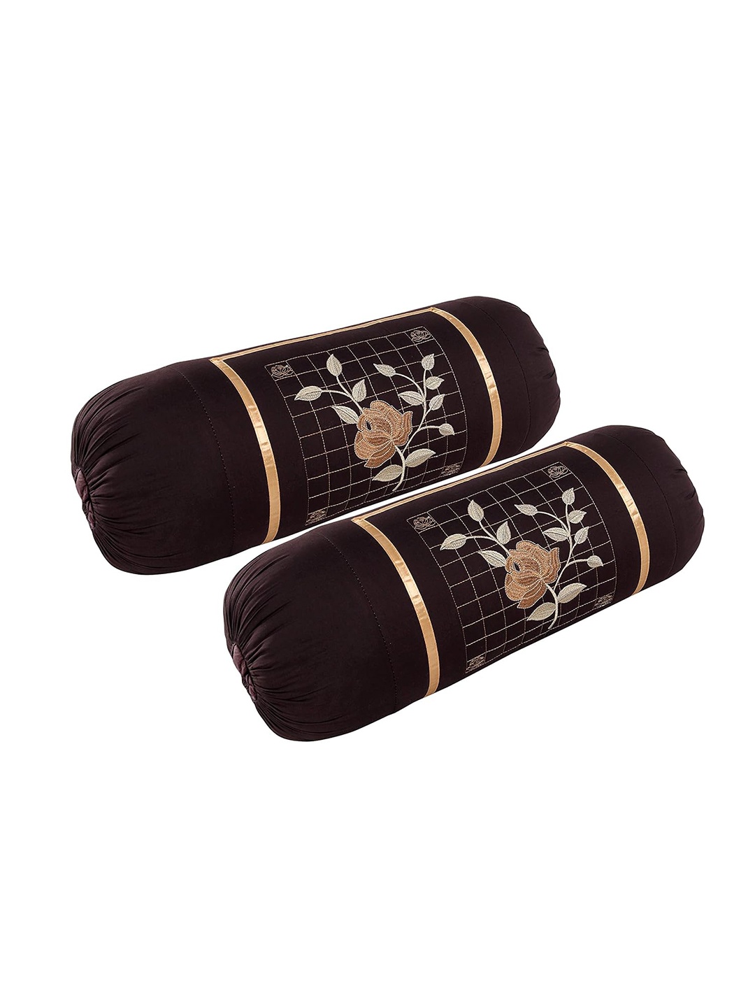

hargunz Coffee Brown 2 Pieces Floral Embroidered Bolster Covers