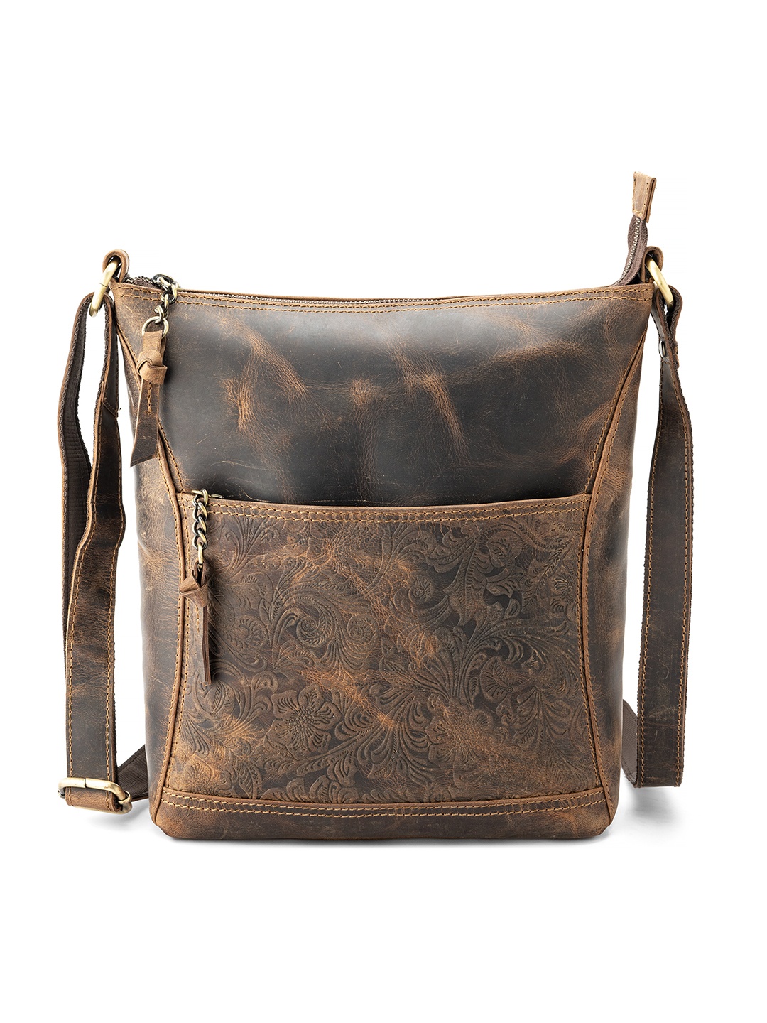 

Goatter Floral Textured Leather Structured Sling Bag, Coffee brown