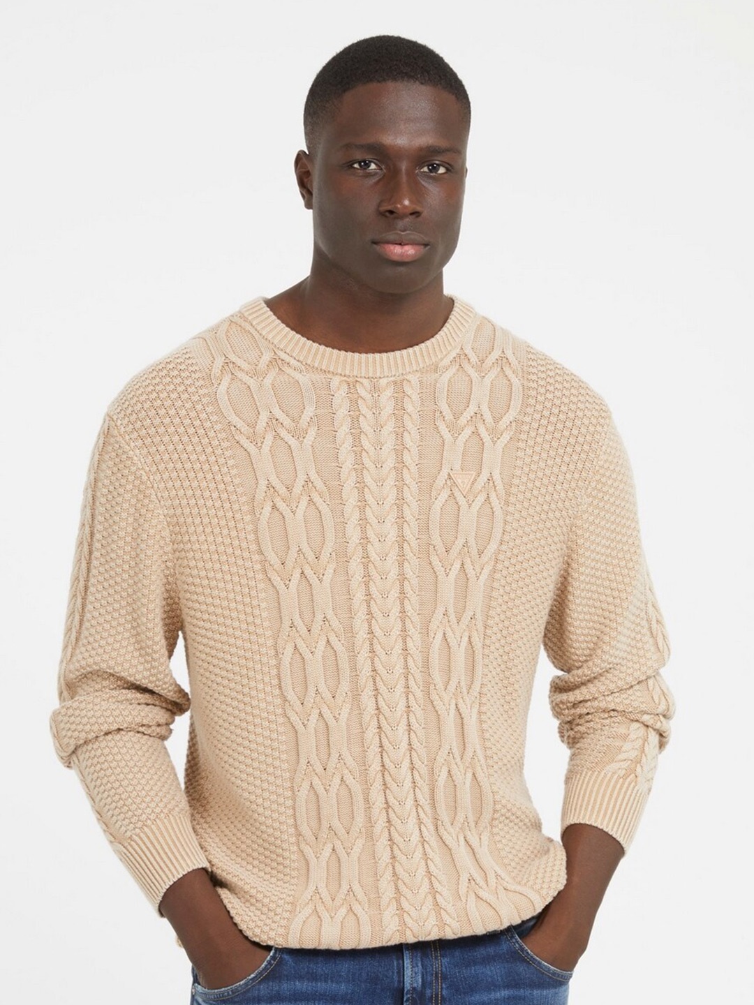 

GUESS Men Cable Knit Pullover, Beige