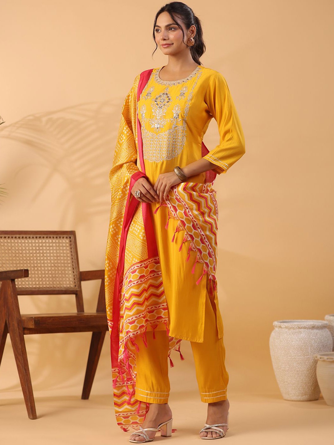 

KALINI Ethnic Motifs Embroidered Kurta with Trousers & Dupatta, Yellow
