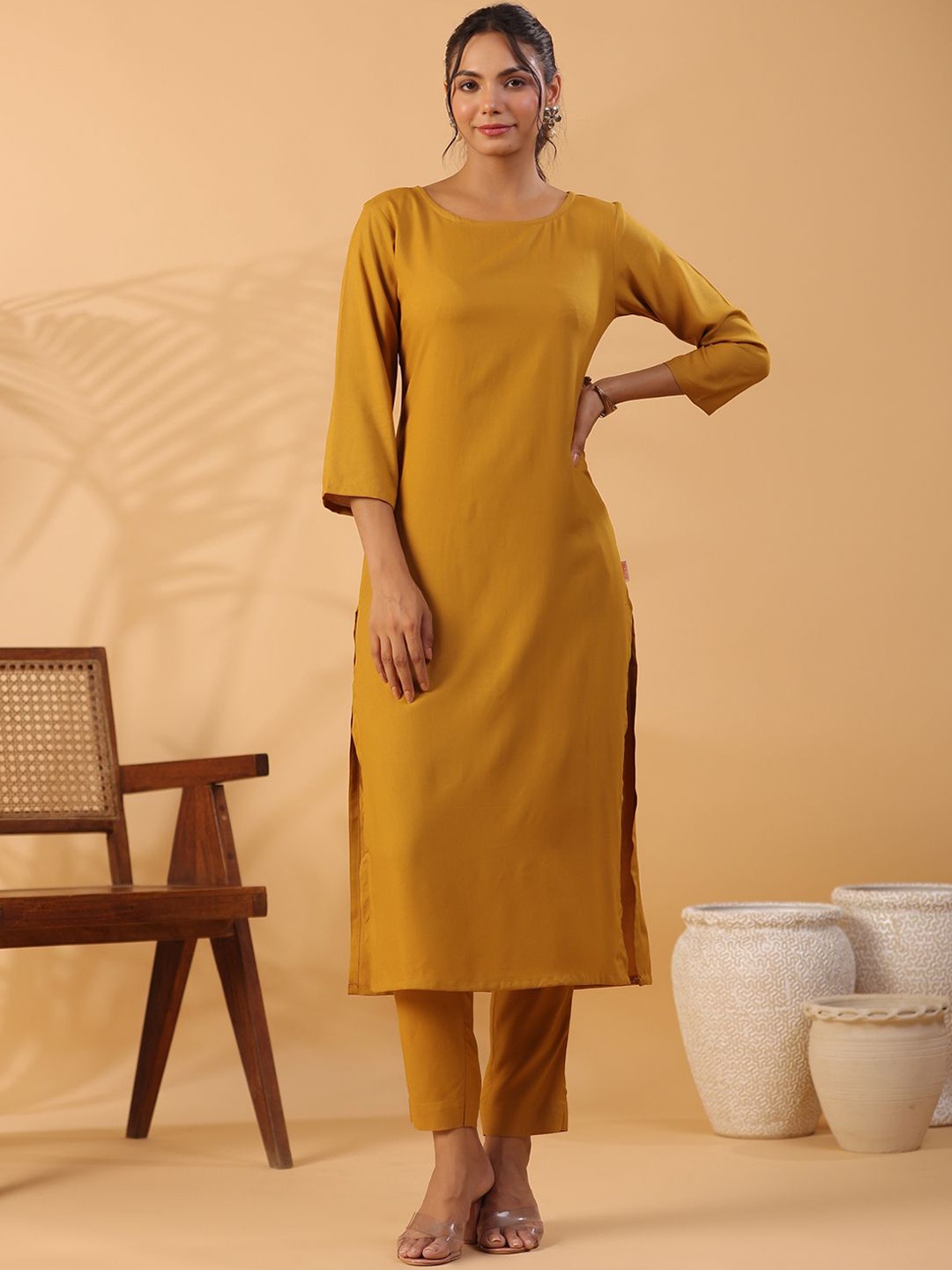 

KALINI Boat Neck Three-Quarter Sleeves Regular Kurta with Trousers, Mustard