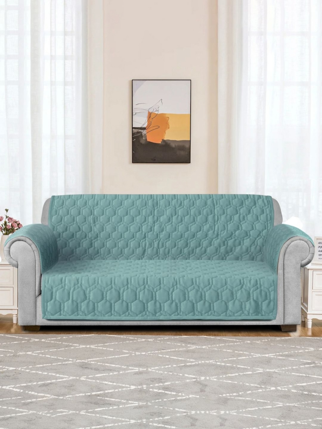 

eyda Sea Green Honey Comb Quilted Velvet 2 Seater Anti Skid Sofa Cover & 2 pcs Hand Rest