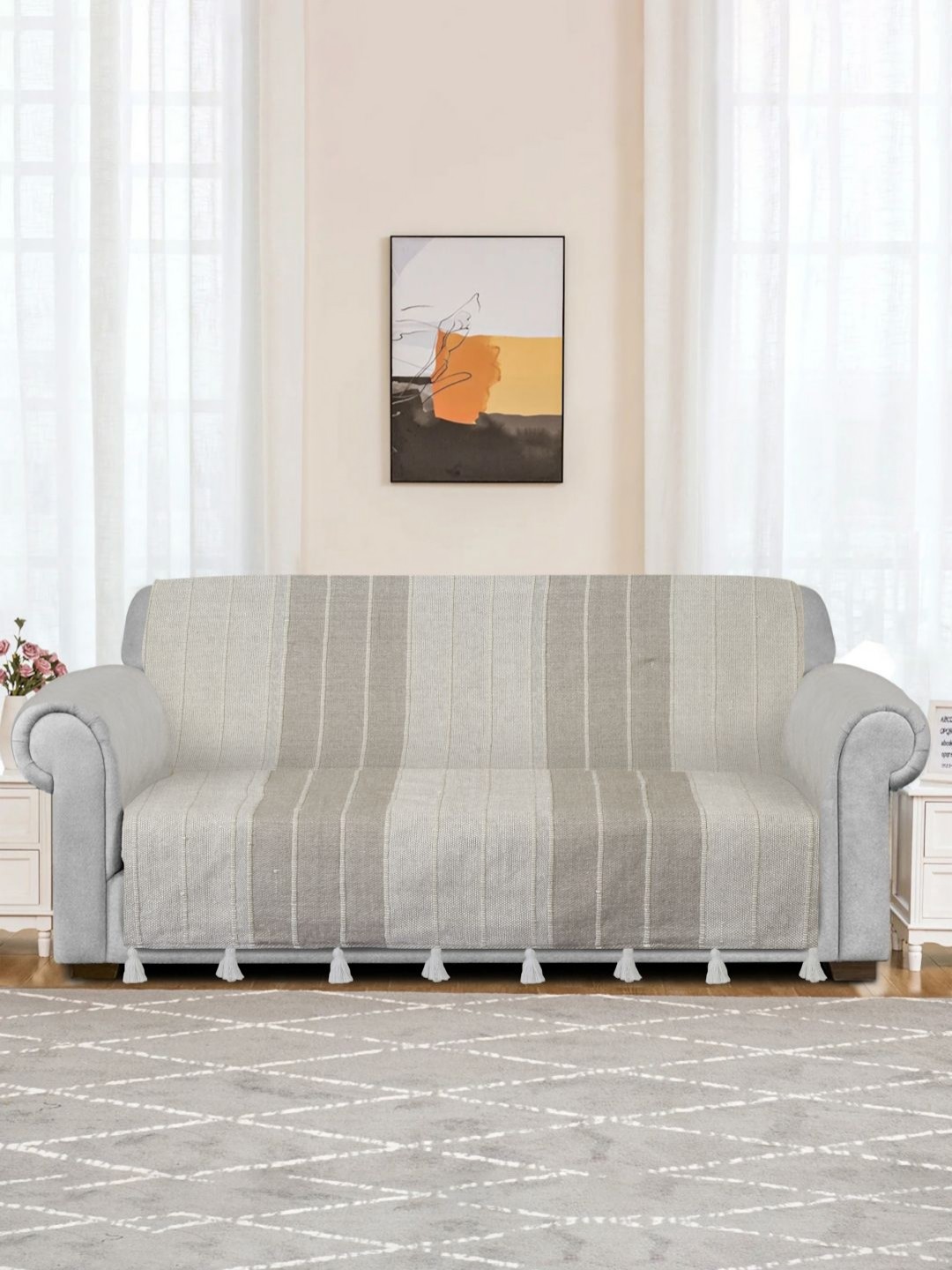 

eyda Off White and Grey Stripe Handwoven Cotton 2 Seater Anti Skid Sofa Cover