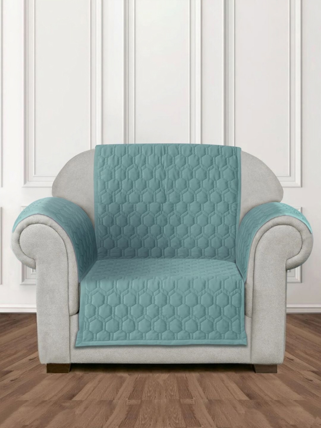 

eyda Sea Green Honey Comb Quilted Velvet 1 Seater Anti Skid Sofa Cover & 2 pcs Hand Rest