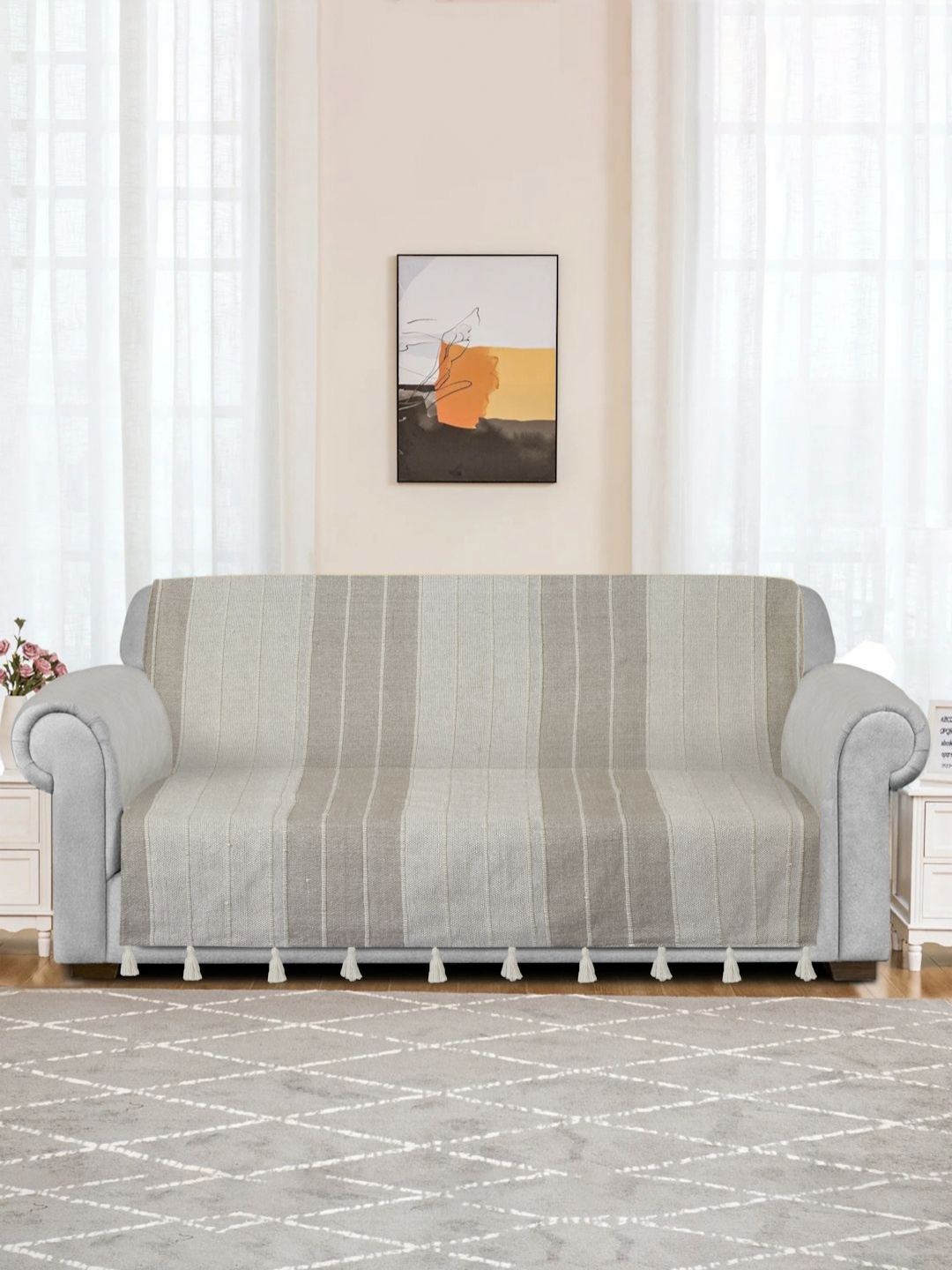 

eyda Off White and Light Grey Stripe Handwoven Cotton 3 Seater Anti Skid Sofa Cover