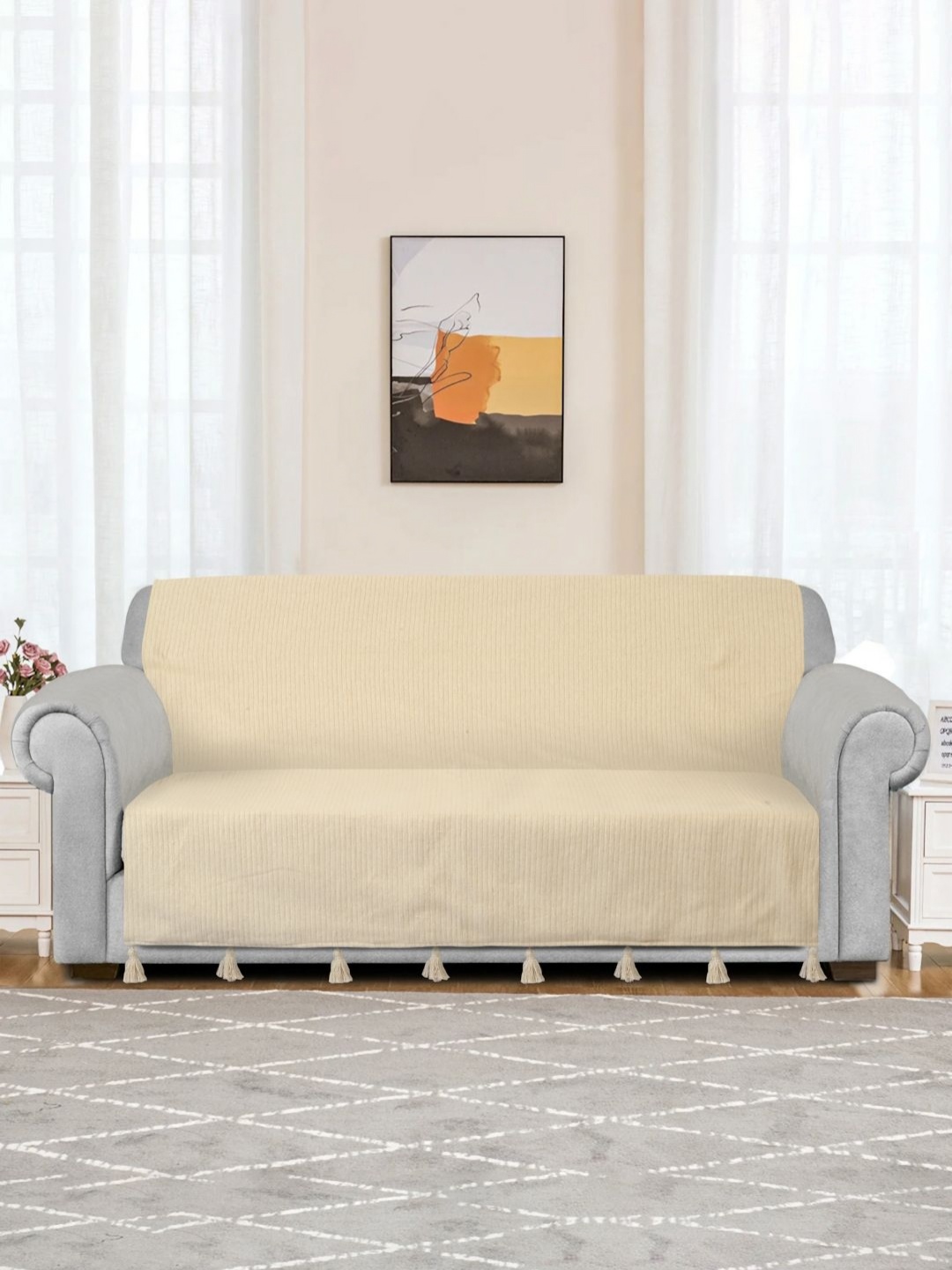 

eyda Ivory Textured Handwoven Cotton 2 Seater Anti Skid Sofa Cover, Cream