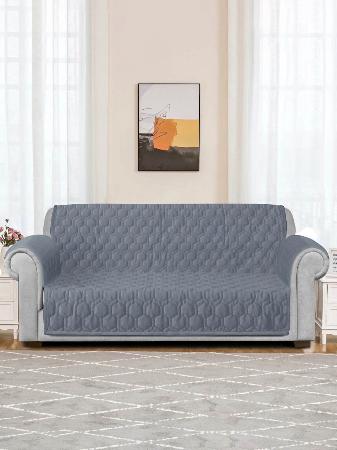 

eyda Grey Honey Comb Quilted Velvet 2 Seater Anti Skid Sofa Cover with 2 pcs Hand Rest