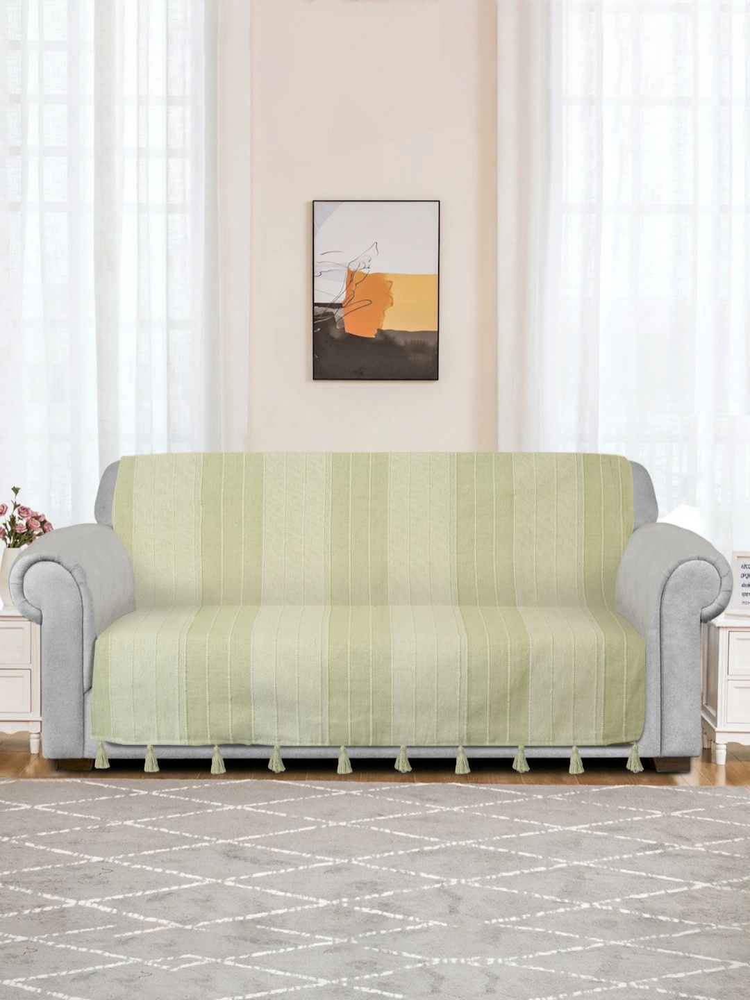 

eyda Sea Green Stripe Handwoven Cotton 3 Seater Anti Skid Sofa Cover