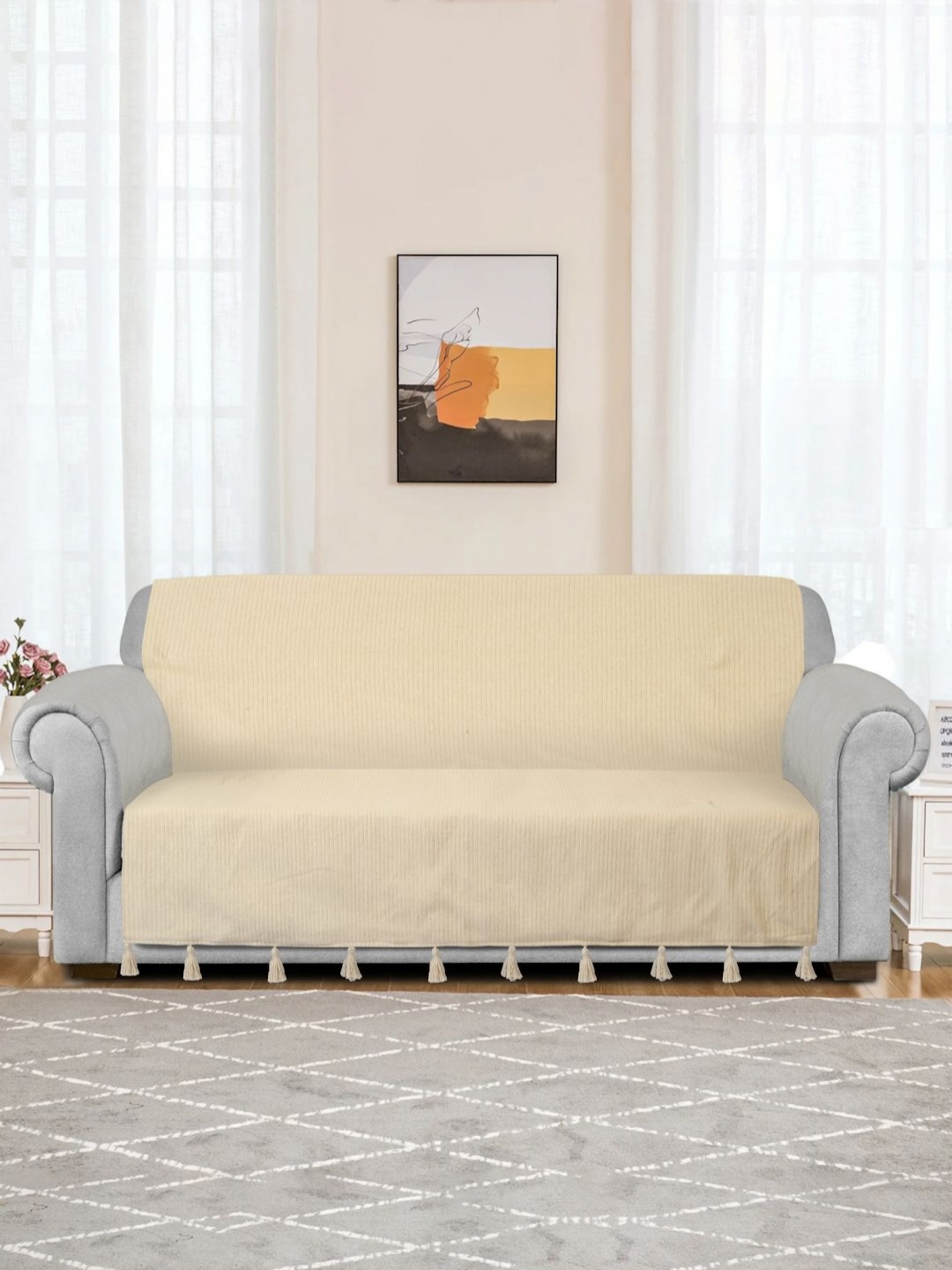 

eyda Beige Textured Handwoven Cotton 3 Seater Anti Skid Sofa Cover