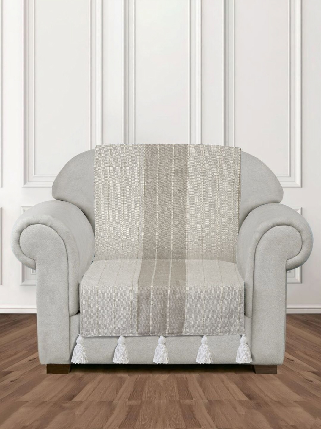 

eyda Off White and Grey Stripe Handwoven Cotton 1 Seater Anti Skid Sofa Cover