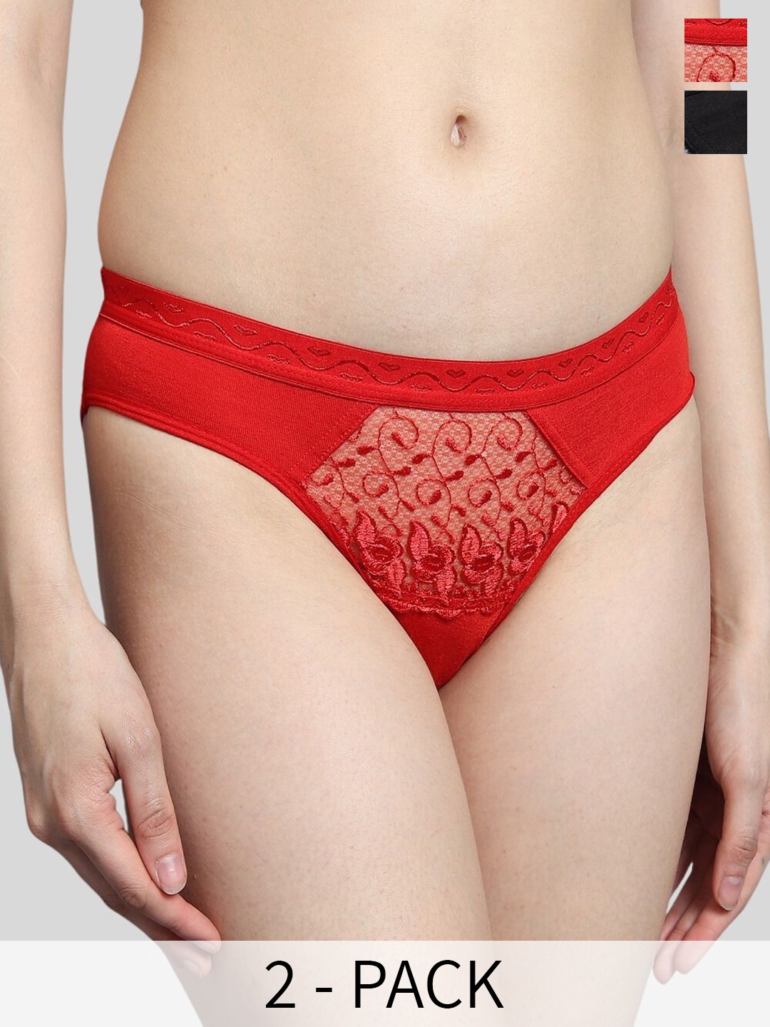 

BLEEDING HEART Pack of 2 Floral Self Design Mid-Rise Lace Bikini Briefs, Red