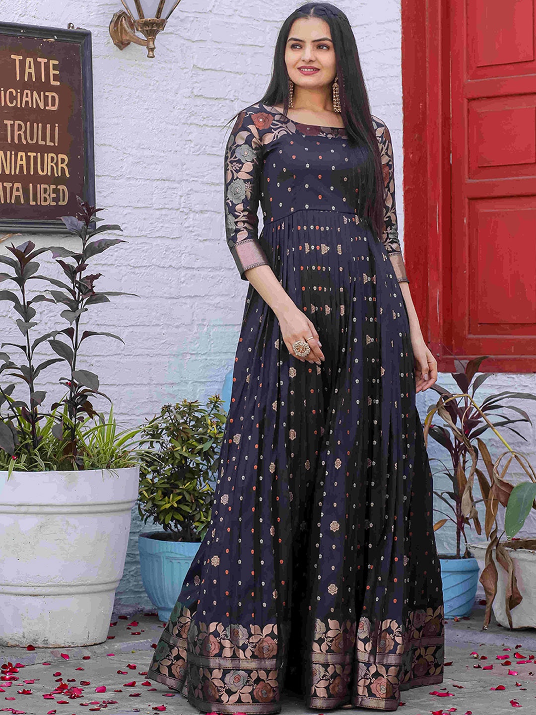 

DEVATITHI Floral Printed Silk Fit & Flare Maxi Ethnic Dress, Black