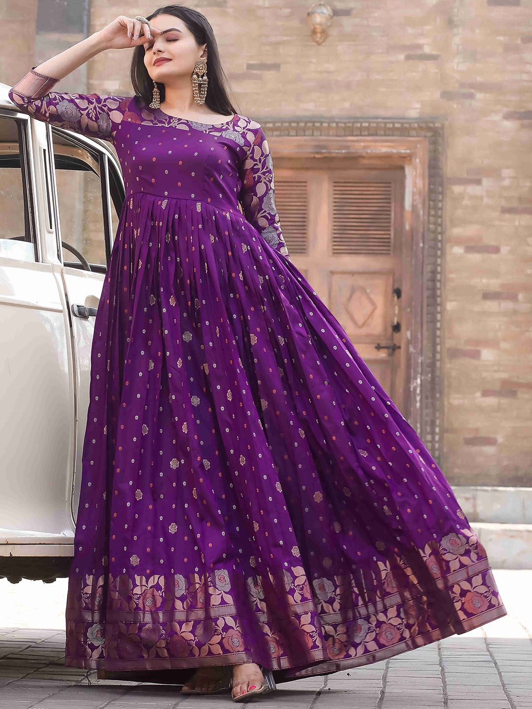 

DEVATITHI Ethnic Motifs Printed Pleated Silk Fit & Flare Maxi Ethnic Dress, Purple