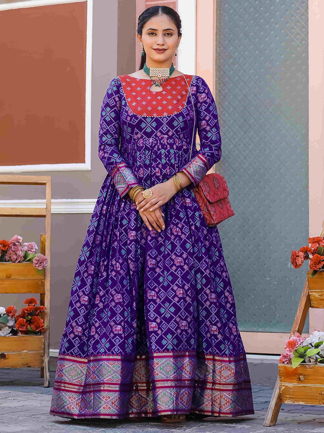 

DEVATITHI Printed Pure Silk Fit & Flare Maxi Ethnic Dress, Violet