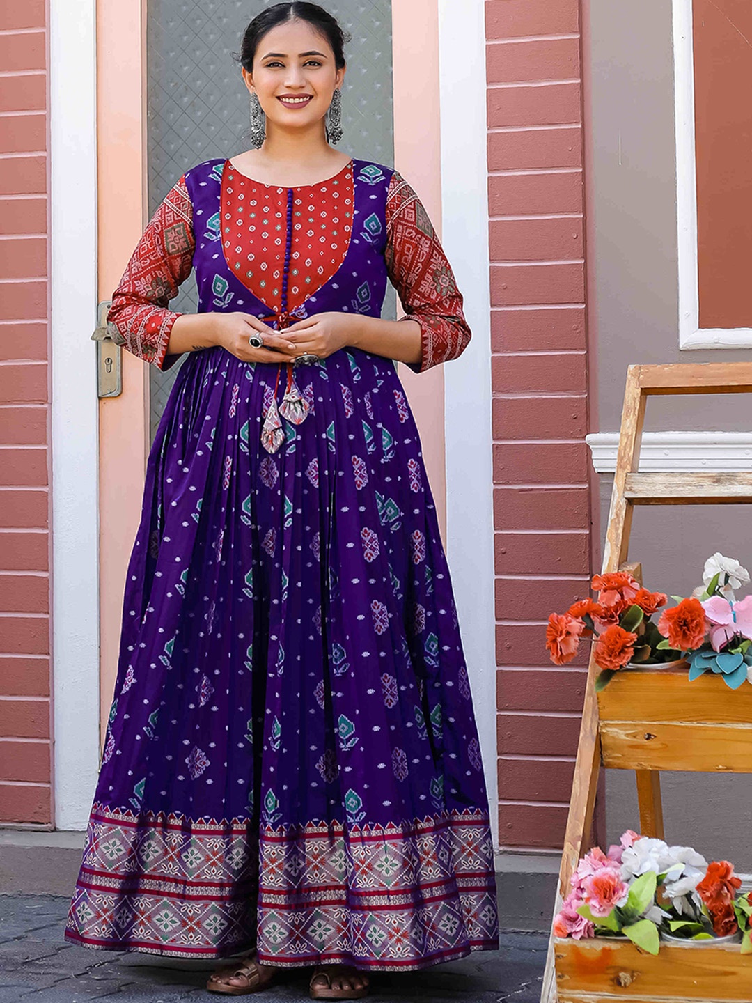 

DEVATITHI Floral Printed Silk Fit & Flare Maxi Ethnic Dress, Violet