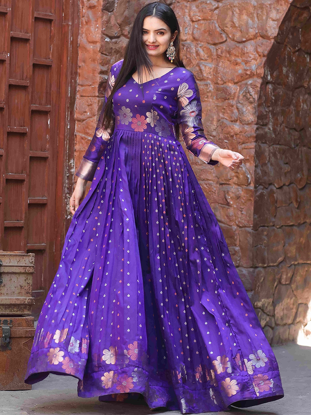 

DEVATITHI Printed Silk Fit & Flare Maxi Ethnic Dress, Violet