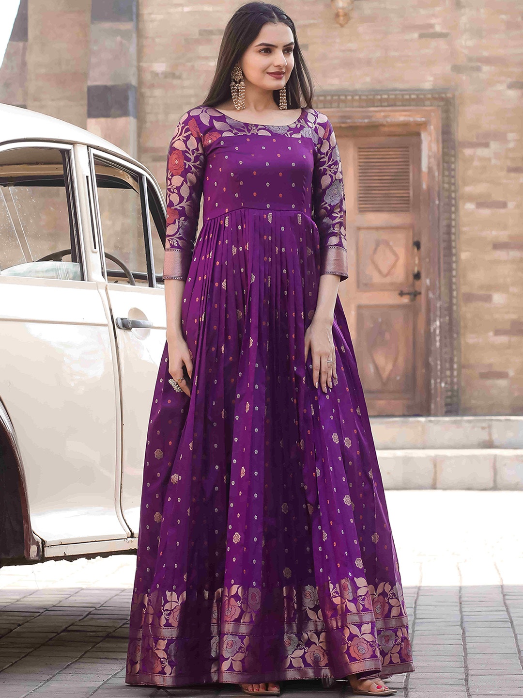 

DEVATITHI Printed Silk Fit & Flare Maxi Ethnic Dress, Purple