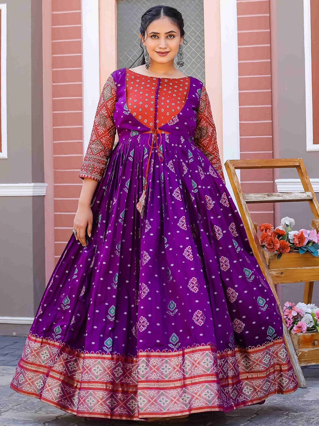

DEVATITHI Ethnic Motifs Printed Round Neck Gathered Silk Fit & Flare Maxi Ethnic Dress, Purple