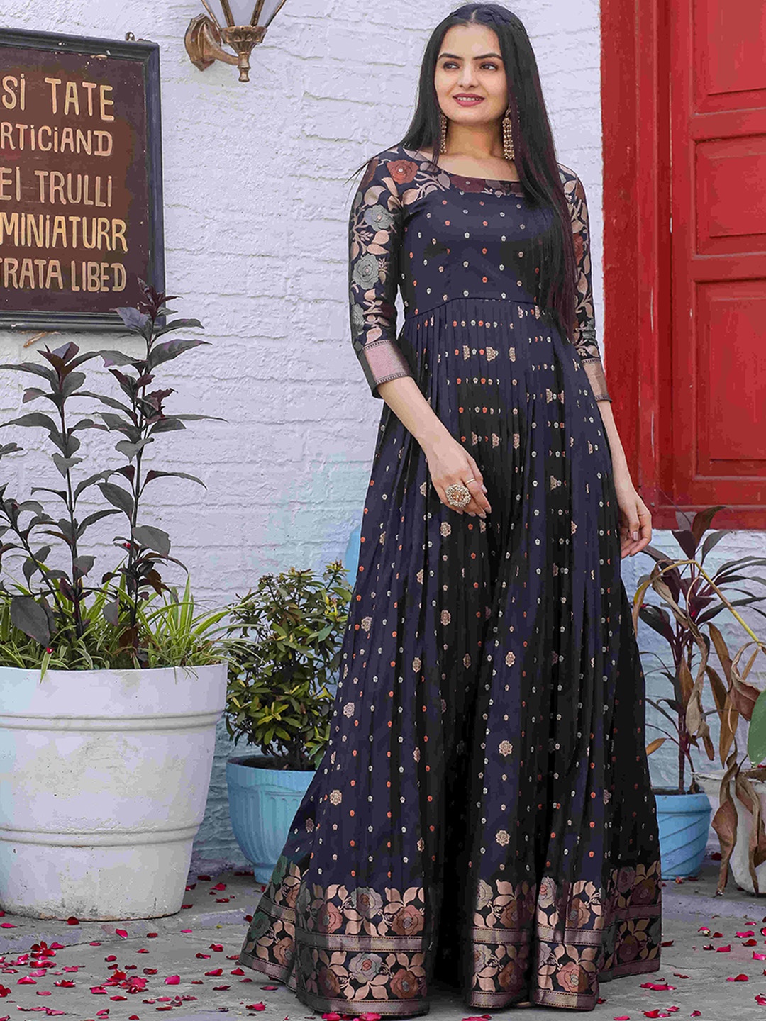 

DEVATITHI Floral Printed Round Neck Gathered Silk Fit & Flare Maxi Ethnic Dress, Black