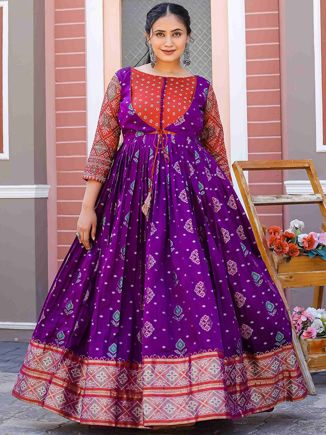 

DEVATITHI Printed Silk Fit & Flare Maxi Ethnic Dress, Purple