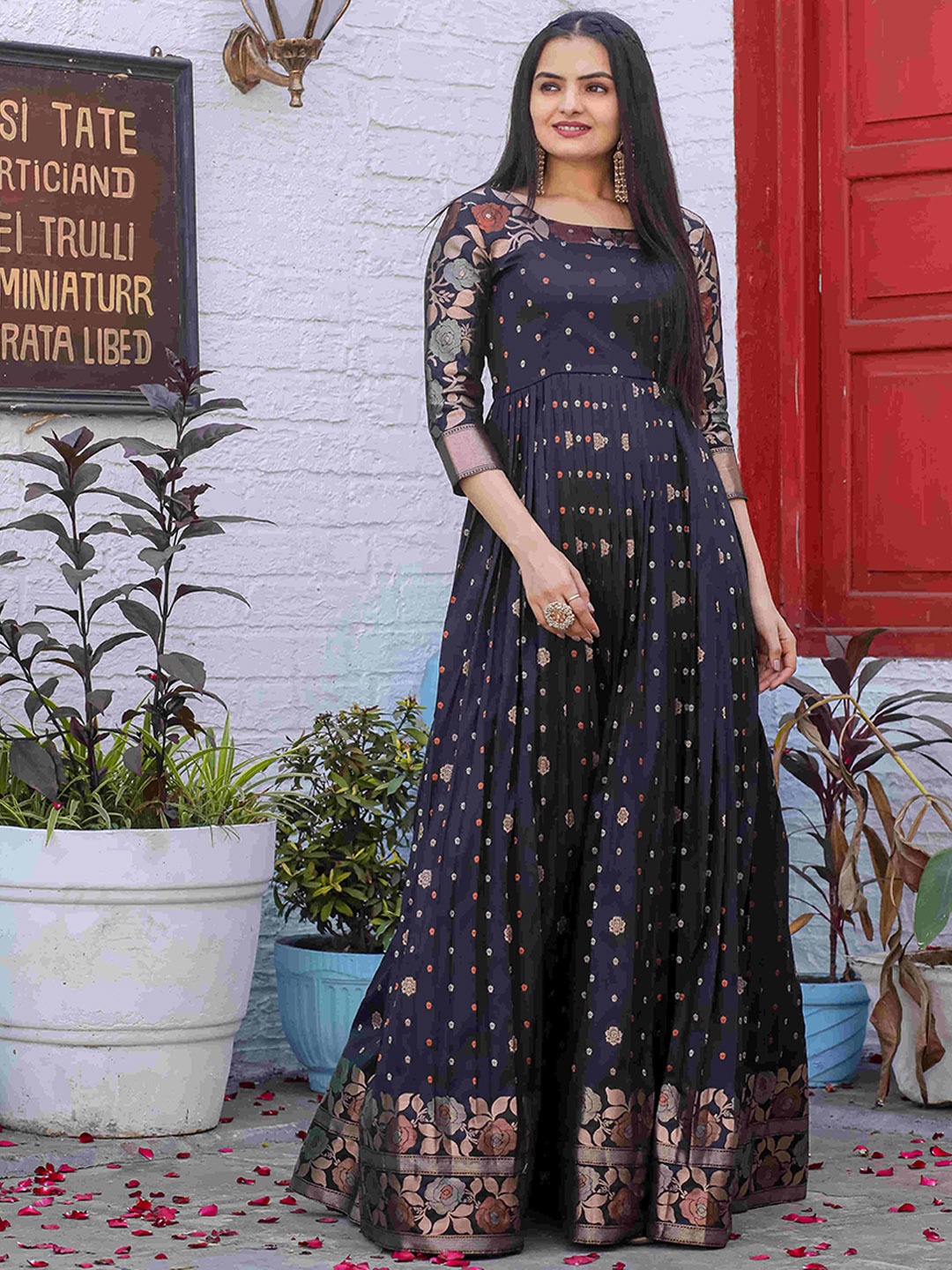 

DEVATITHI Floral Printed Round Neck Gathered Silk Fit & Flare Maxi Ethnic Dress, Black