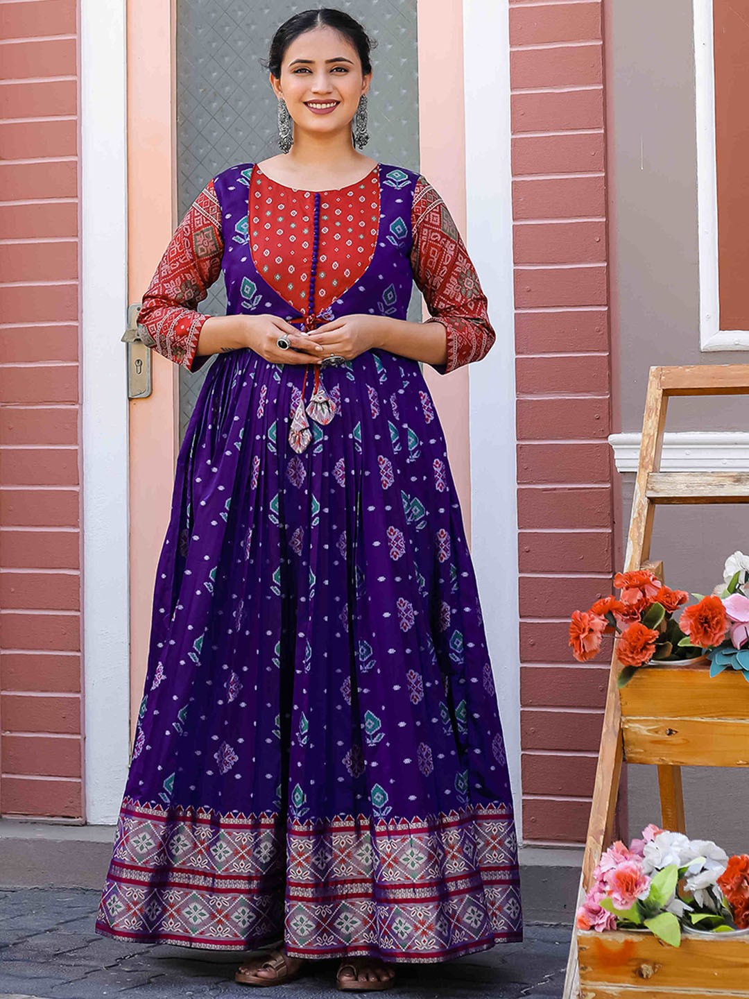 

DEVATITHI Ethnic Motifs Printed Pleated Silk Fit & Flare Maxi Ethnic Dress, Violet